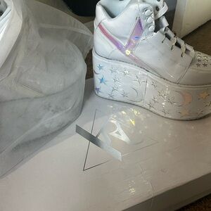 YRU White Platform Shoes with Iridescent Accents